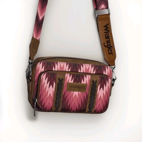 NWOT Wrangler Southwestern Pink Navajo Print Crossbody Purse Wallet Compartmen - Picture 2 of 9
